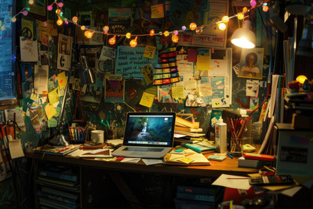 Laptop and books on the table in a shop.の素材