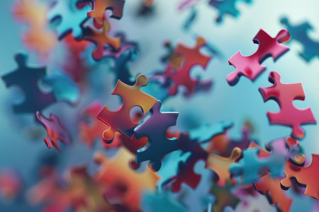 Colorful jigsaw puzzle pieces flying in the air. 3D renderingの素材