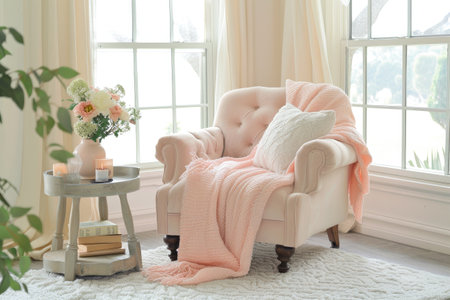 Cozy living room interior with armchair, pillows and flowersの素材