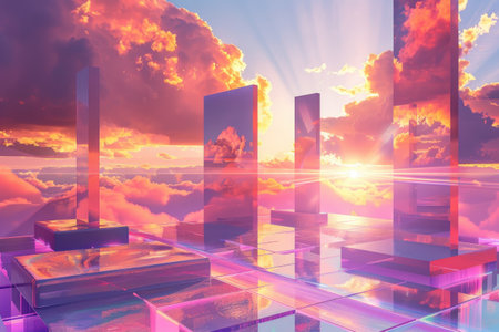 Futuristic 3D illustration of futuristic landscape with a beautiful sunsetの素材