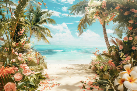 Beautiful tropical beach with palm trees and flowers. Vintage filter.の素材