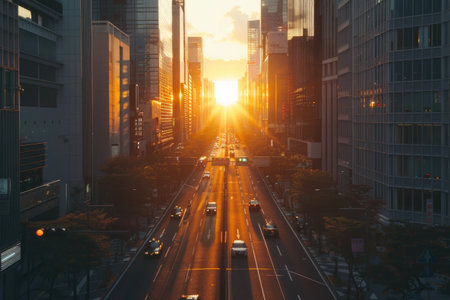Traffic in downtown. An endless road that runs through the heart of a bustling metropolisの素材