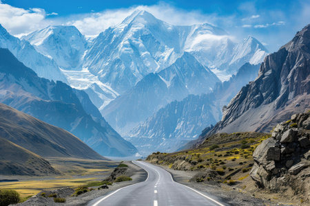 Endless mountain roads winding through rugged peaks and vast valleys.の素材