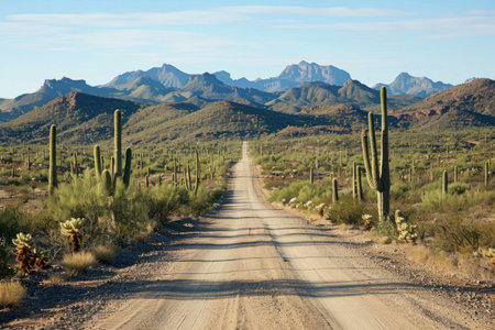 An endless road cuts through the heart of a vast desert landscape, lined with cactus plants against the hot desert sun.の素材