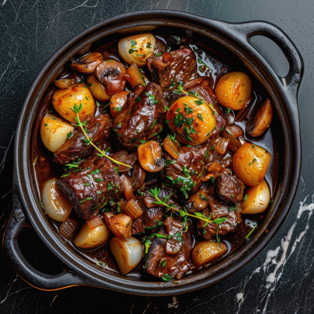 Beef Bourguignon with potatoes and thyme on a black backgroundの素材