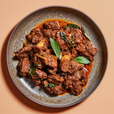 Beef Bourguignon with herbs and spices on a plateの素材
