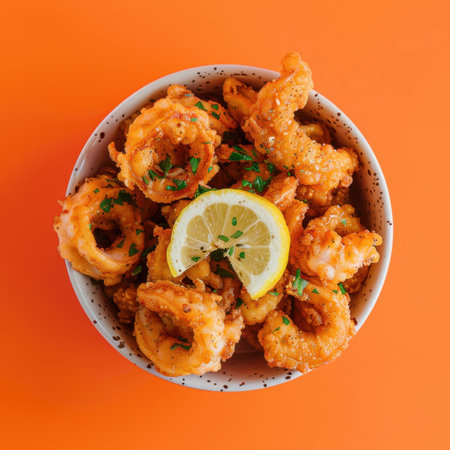 Fried squid rings with lemon and parsley in bowl on orange backgroundの素材