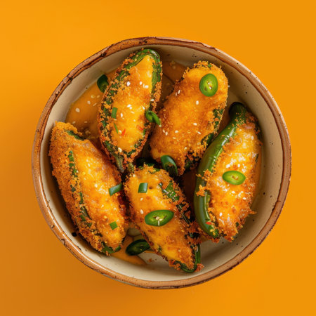 Breaded jalapeno peppers with cheese and chili sauceの素材