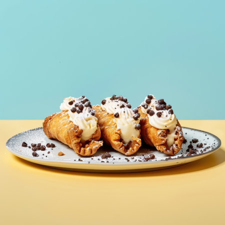 Cannoli with cream and chocolate chips on a plate against a blue and yellow background.  Italian dessert, pastry, sweet treat, bakery, Italian food.の素材