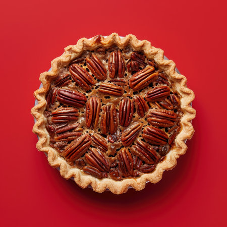 Pecan Pie on a Red Background, a Delicious Fall Treatの素材