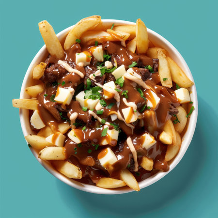 Delicious poutine with cheese curds, gravy, and fries.  Classic Canadian comfort food.の素材