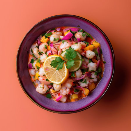 Delicious Peruvian Ceviche with Shrimp, Red Onion, and Mango in a Purple Bowlの素材