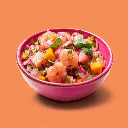 Fresh and delicious shrimp ceviche with red onion, cilantro, and mango. Traditional Peruvian food in a pink bowl on an orange background.の素材