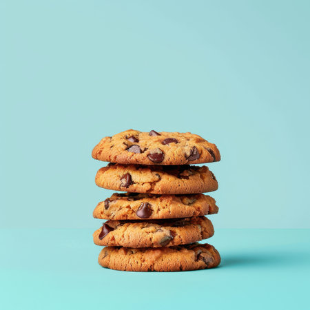 Stack of homemade chocolate chip cookies on a blue background. Close-up of sweet and delicious baked goods.の素材