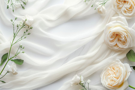 Beautiful white roses and gypsophila flowers on white fabricの素材