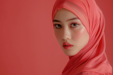 Hijab fashion concept. Beautiful Asian muslim woman in pink hijab.の素材