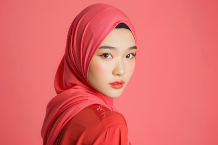 Hijab woman with red dress isolated on pink background. Beautiful asian muslim girl modelの素材