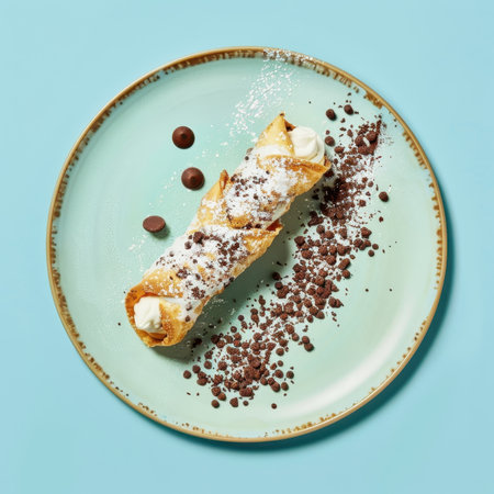 Delicious cannoli with chocolate chips and powdered sugar on a blue plate. Traditional Italian dessert pastry.の素材