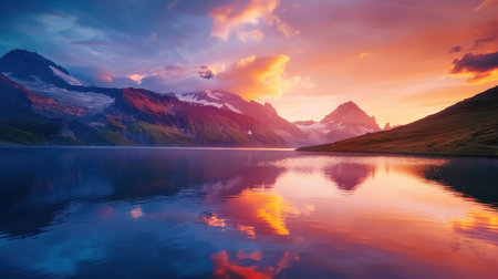 Beautiful alpine landscape with lake and mountains reflected in water at sunsetの素材