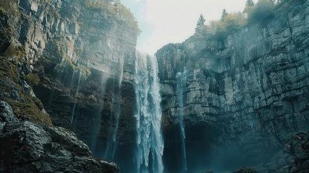 View of the waterfall in the mountains of the Caucasus. Russia.の素材