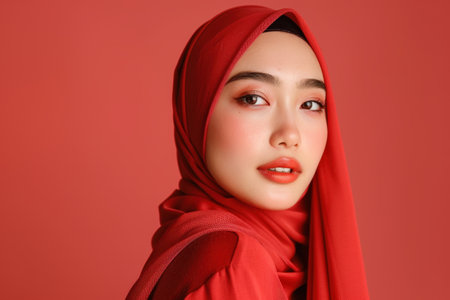 Portrait of beautiful Asian muslim woman with red hijab on red backgroundの素材