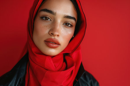 Close up portrait of a beautiful young woman wearing headscarf looking at camera isolated over red backgroundの素材
