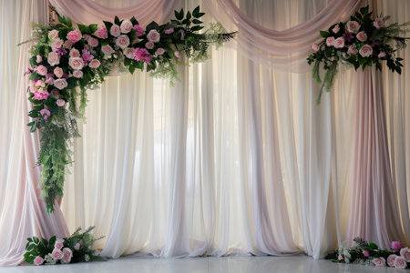 Wedding arch decorated with pink and white roses and green leavesの素材
