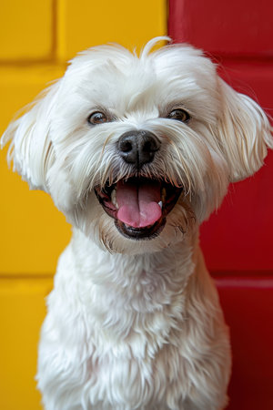Smiling white Maltese dog in front of a yellow and red wall.  Cute puppy portrait, pet photography for social media or print.の素材