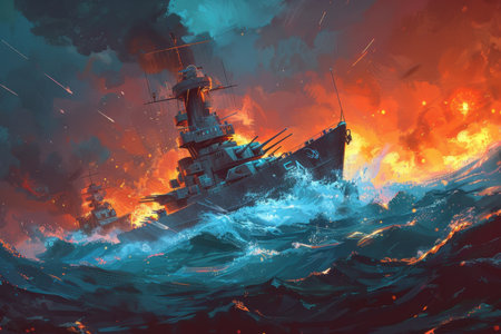 Nuclear war ship in the sea. 3D illustration. Fantasy.の素材