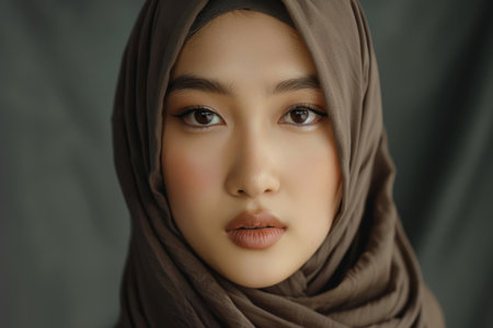 Close up portrait of beautiful Asian muslim woman wearing hijab looking at camera.の素材