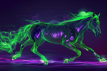 A running horse outlined by neon green energy, with a contrasting purple and black gradient background. The electric glow gives a futuristic feel to the scene. --ar 3:2 Job ID: 26e4c03d-00ed-4d4e-aed5-56c7ec8b8d7dの素材