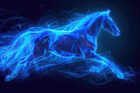 A running horse outlined by vibrant electric blue energy. The background fades from deep navy to black, highlighting the dynamic motion of the horse. --ar 3:2 Job ID: f370a748-056d-4306-ab8a-7ff16873bfecの素材