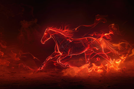A running horse outlined by intense fiery red energy, set against a dark, smoky background. The glowing outline emphasizes the horse's powerful stride --ar 3:2 Job ID: 1e396912-8c34-418a-b5f1-18b7a4942ba8の素材