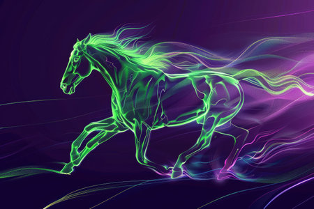 A running horse outlined by neon green energy, with a contrasting purple and black gradient background. The electric glow gives a futuristic feel to the scene. --ar 3:2 Job ID: 8b197a82-2d0a-4a30-ada3-f7a5b6624345の素材