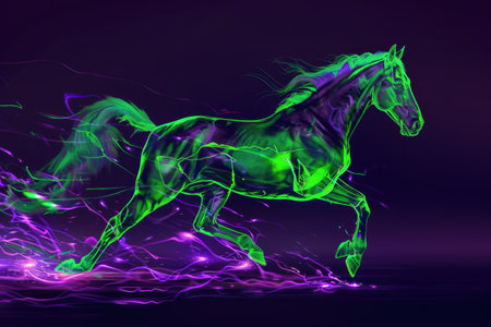 A running horse outlined by neon green energy, with a contrasting purple and black gradient background. The electric glow gives a futuristic feel to the scene. --ar 3:2 Job ID: 3ee3e9a4-18b4-4edd-8c4a-1f11ce866a85の素材
