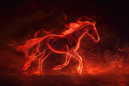 A running horse outlined by intense fiery red energy, set against a dark, smoky background. The glowing outline emphasizes the horse's powerful stride --ar 3:2 Job ID: 5afa6e7d-397a-4d9f-b395-8aba54a096f1の素材