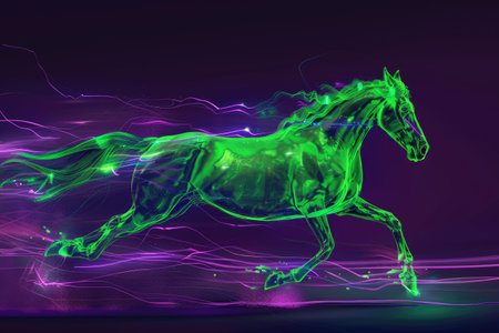 A running horse outlined by neon green energy, with a contrasting purple and black gradient background. The electric glow gives a futuristic feel to the scene. --ar 3:2 Job ID: 6b958af9-51de-470a-be20-74bd44ede2feの素材