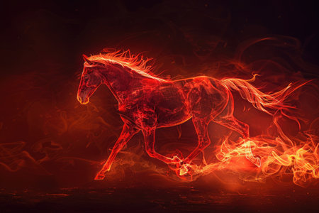 A running horse outlined by intense fiery red energy, set against a dark, smoky background. The glowing outline emphasizes the horse's powerful stride --ar 3:2 Job ID: 2c039660-e970-479e-b5c1-29183daad0adの素材
