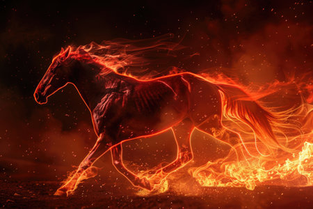 A running horse outlined by intense fiery red energy, set against a dark, smoky background. The glowing outline emphasizes the horse's powerful stride --ar 3:2 Job ID: a2a10e7a-732e-4d10-8c5e-d0eecdb278abの素材