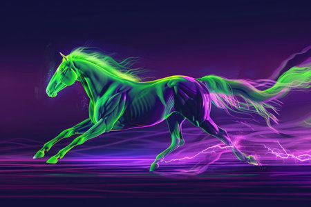 A running horse outlined by neon green energy, with a contrasting purple and black gradient background. The electric glow gives a futuristic feel to the scene. --ar 3:2 Job ID: 1b9413b4-498c-4c30-8a69-ca68caa52eccの素材