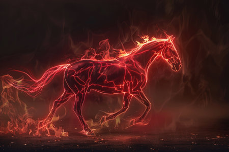 A running horse outlined by intense fiery red energy, set against a dark, smoky background. The glowing outline emphasizes the horse's powerful stride --ar 3:2 Job ID: ee8e7d98-e301-459e-9049-2480eee4abe2の素材