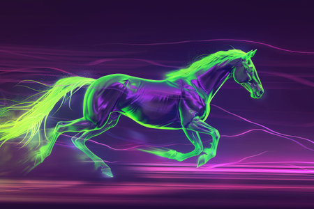 A running horse outlined by neon green energy, with a contrasting purple and black gradient background. The electric glow gives a futuristic feel to the scene. --ar 3:2 Job ID: 04ece22d-4cd7-4766-9fba-b252d72351d5の素材