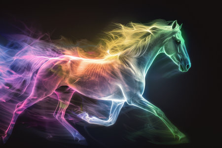 A running horse outlined by shifting multicolored energy, creating a rainbow effect. The dark backdrop allows the vibrant colors to pop, capturing the dynamic movement. --ar 3:2 Job ID: 22bff4e7-a0d9-4d02-ba75-83182bf32aa9の素材