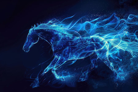 A running horse outlined by vibrant electric blue energy. The background fades from deep navy to black, highlighting the dynamic motion of the horse. --ar 3:2 Job ID: abd507e8-6acb-49ae-af91-f77779fd7b0dの素材