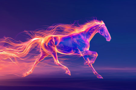 A running horse outlined by radiant golden energy, surrounded by a soft twilight gradient of purples and blues. The luminous outline accentuates the grace and speed of the horse. --ar 3:2 Job ID: 916b281e-9a76-45b3-98e9-e2f3eb10dbdfの素材