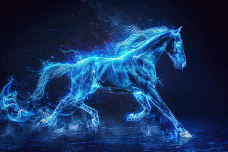 A running horse outlined by vibrant electric blue energy. The background fades from deep navy to black, highlighting the dynamic motion of the horse. --ar 3:2 Job ID: 97bfaf2e-a67d-4e65-b612-56aa652d6b17の素材