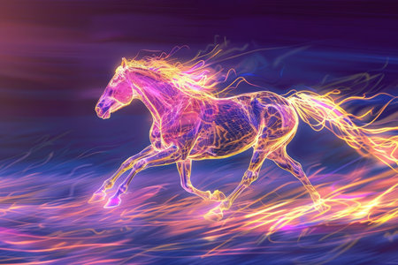 A running horse outlined by radiant golden energy, surrounded by a soft twilight gradient of purples and blues. The luminous outline accentuates the grace and speed of the horse. --ar 3:2 Job ID: 3a58faa5-97bb-4a92-938d-f0858deb7eb7の素材