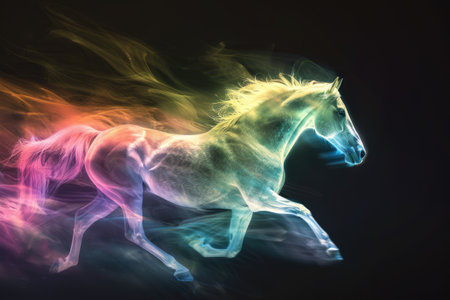 A running horse outlined by shifting multicolored energy, creating a rainbow effect. The dark backdrop allows the vibrant colors to pop, capturing the dynamic movement. --ar 3:2 Job ID: ae577396-4a35-4092-b02f-e684c396da0dの素材