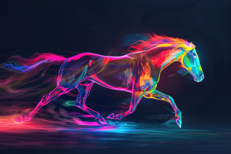A running horse outlined by shifting multicolored energy, creating a rainbow effect. The dark backdrop allows the vibrant colors to pop, capturing the dynamic movement. --ar 3:2 Job ID: 6b2fe7a0-e025-48dc-b6f6-f1757d344e50の素材