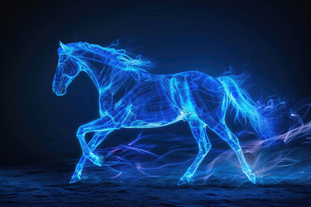 A running horse outlined by vibrant electric blue energy. The background fades from deep navy to black, highlighting the dynamic motion of the horse. --ar 3:2 Job ID: d7978d2e-1171-431a-9166-8de36aba5022の素材